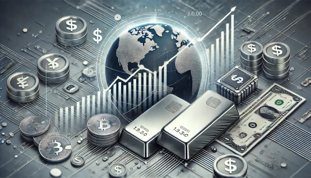 Szeroki obraz z wykresem wzrostu cen srebra, sztabkami, monetami i symboliką przemysłową